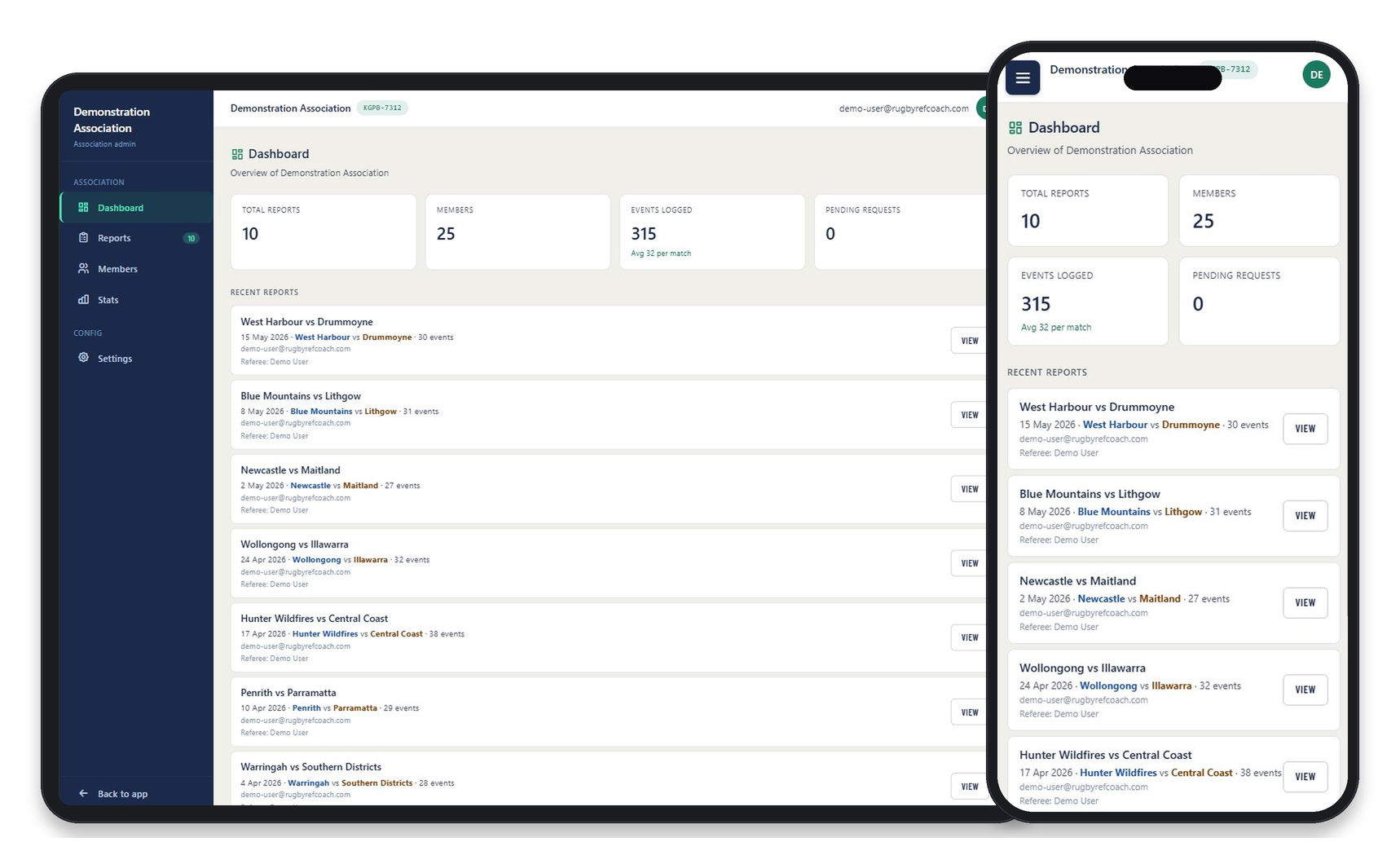 Association stats dashboard with penalty trend and law category breakdown