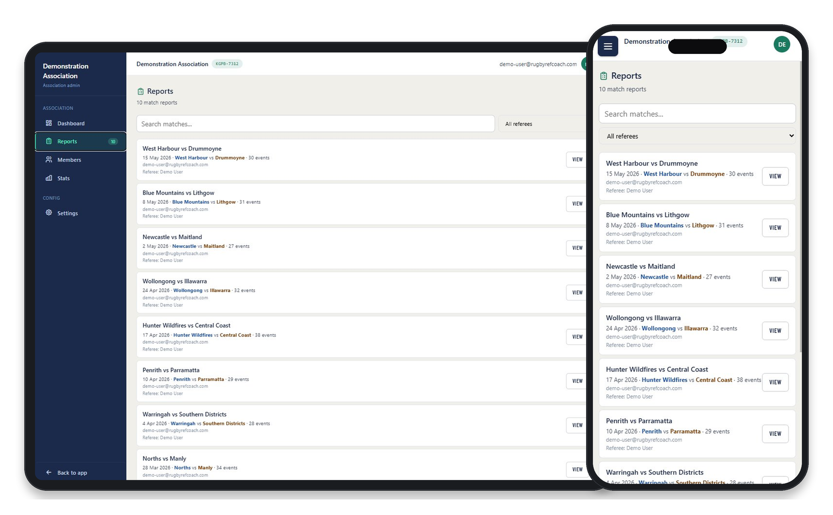 Association admin dashboard showing total reports, members, events logged and recent match reports