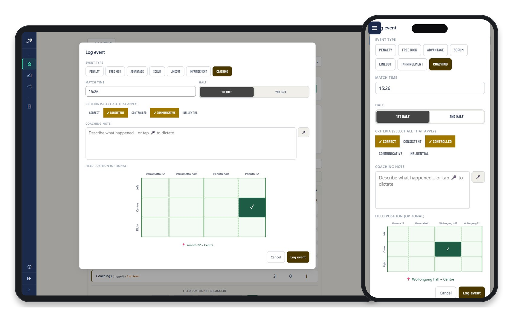 Coaching moment event logging with criteria selection