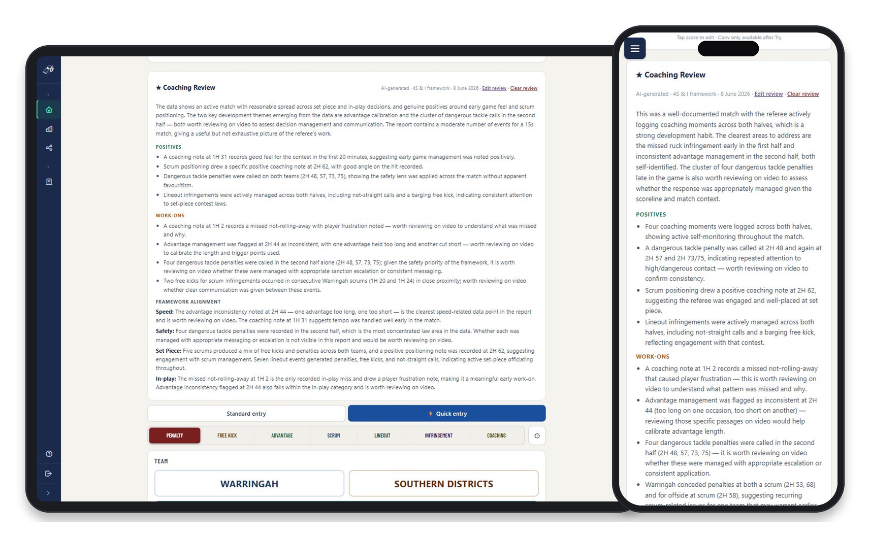 AI coaching review with rule-based insights and generated coaching narrative