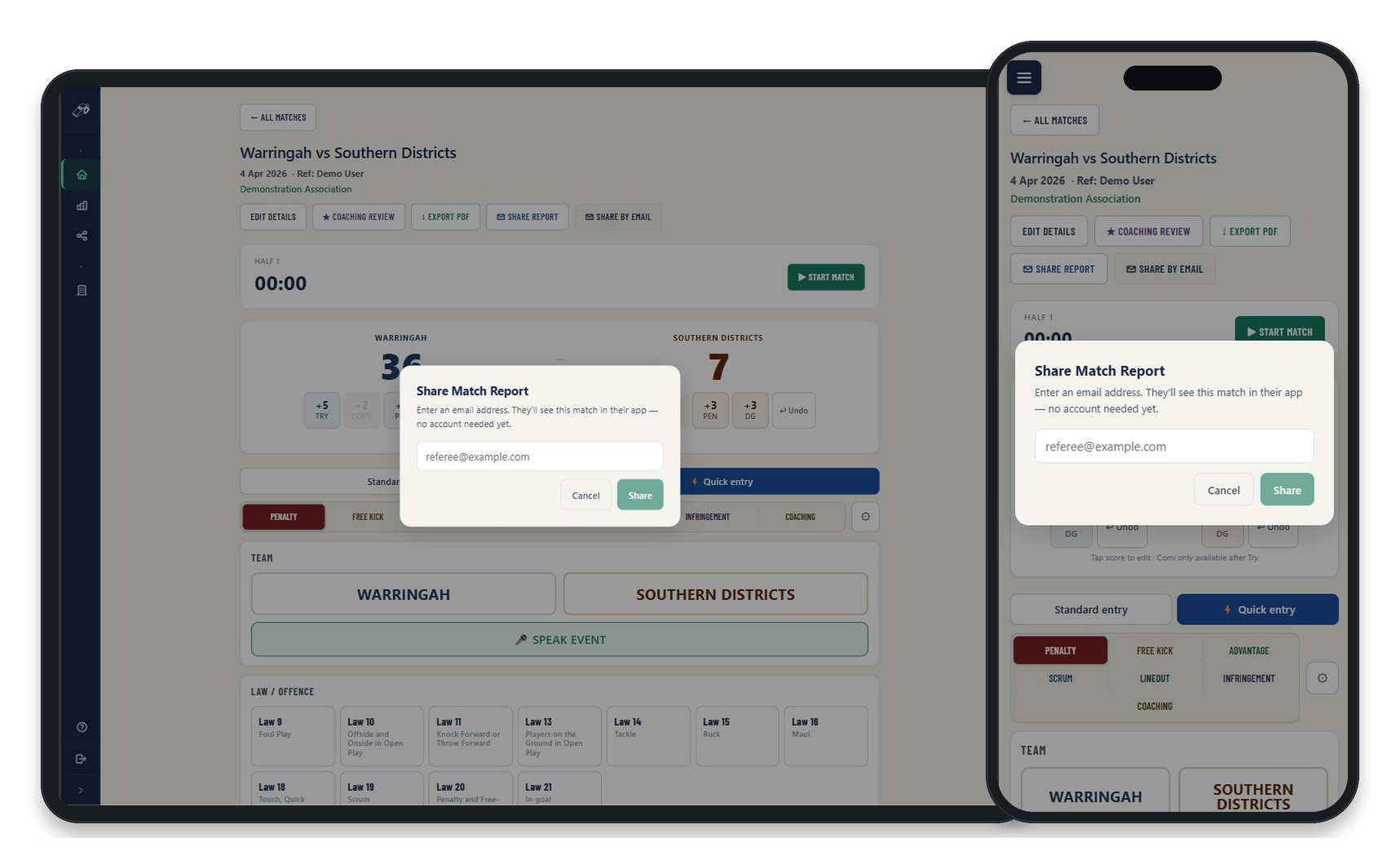 Share a match report with another user by email