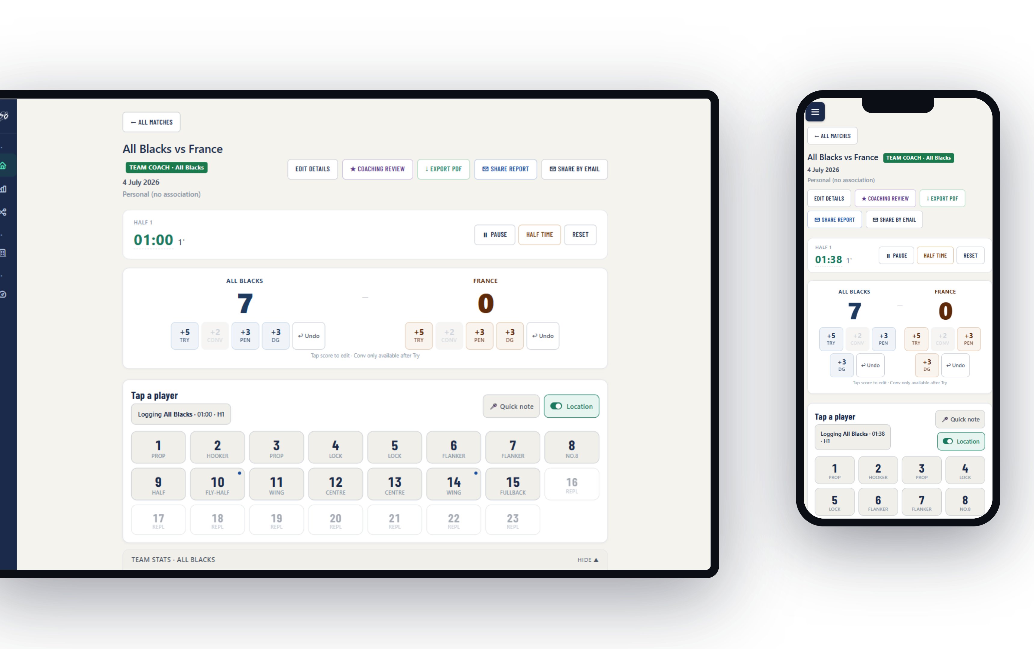 Team Coach mode — number-first player capture pad with team stats and player runsheet